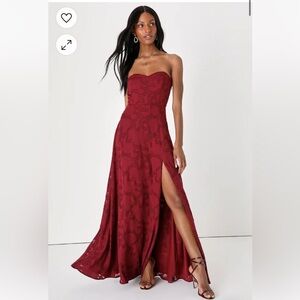 Lulu’s Garden of Romance Burgundy Red Floral Burnout Strapless Maxi Dress Small